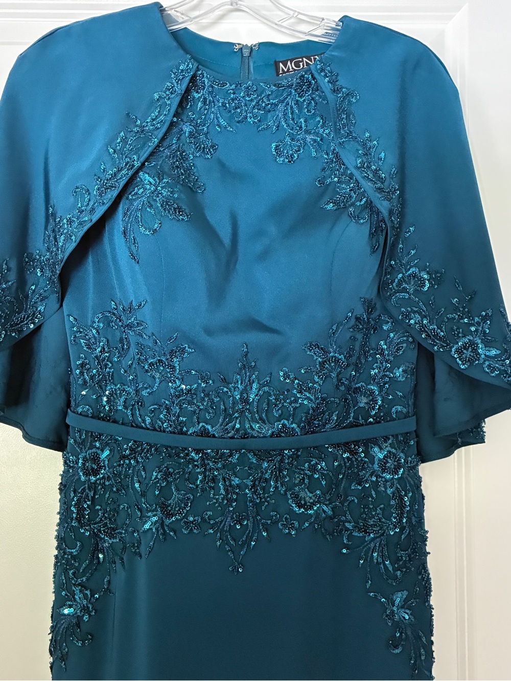 MGNY Teal Embroidered Evening Dress